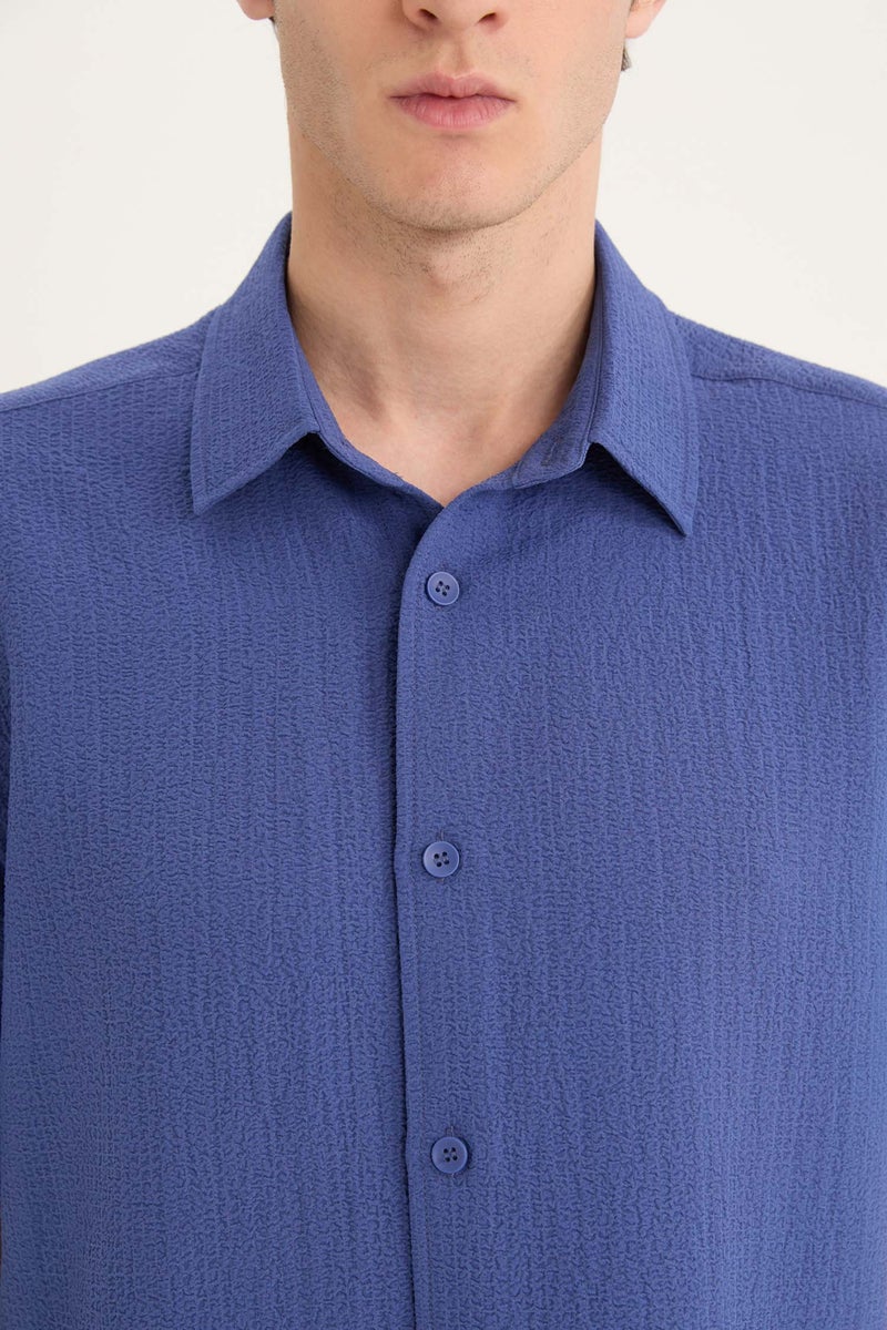 DeFacto Purple Man Regular Fit Polo Collar Crinkle Short Sleeve Shirt Casual - Image 5